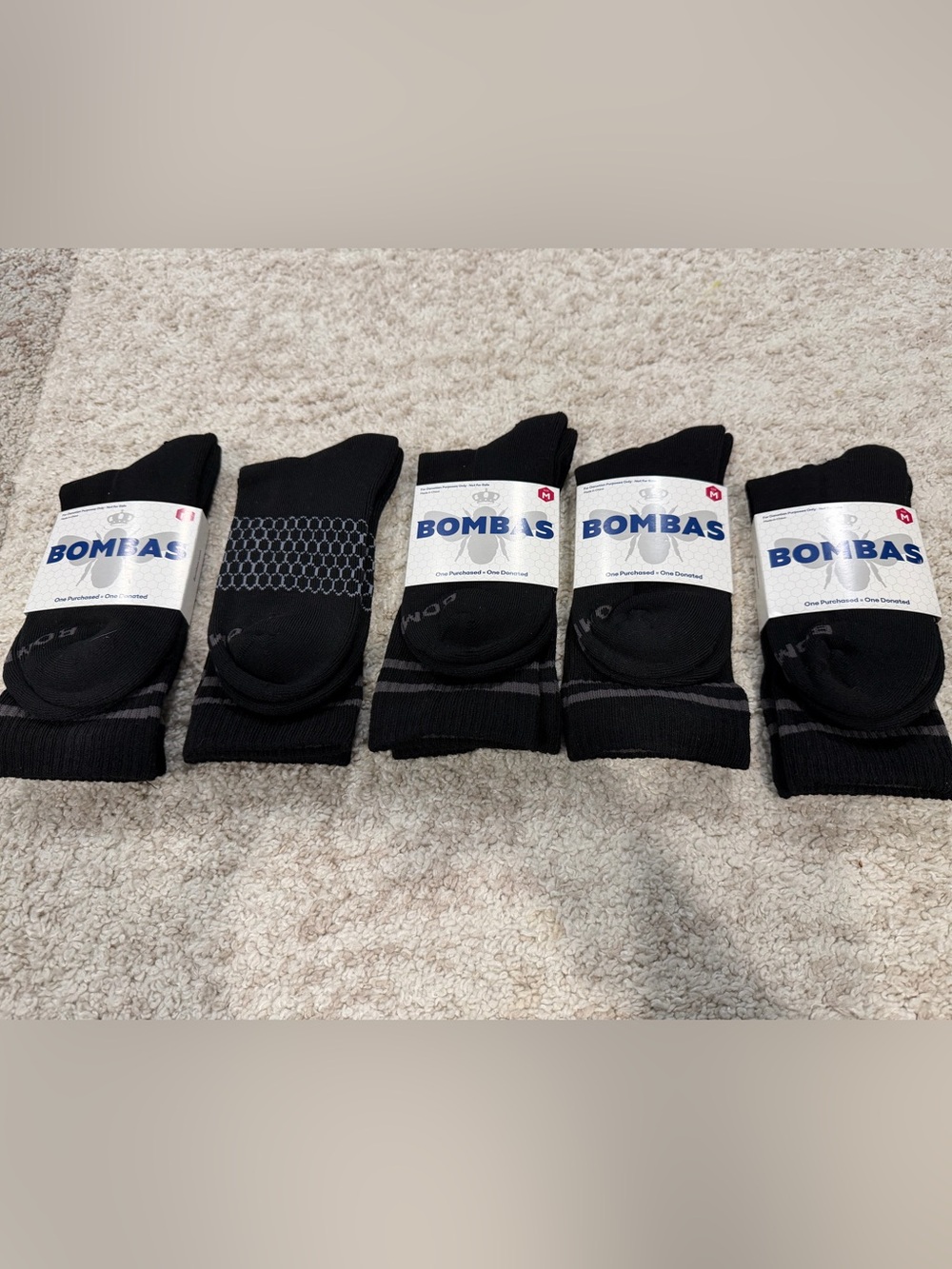 5 Pairs Bombas Performance Crew Socks Black Medium New